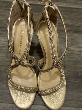 Jessica Simpson Metallic Gold Rhinestone T-Strap Heels